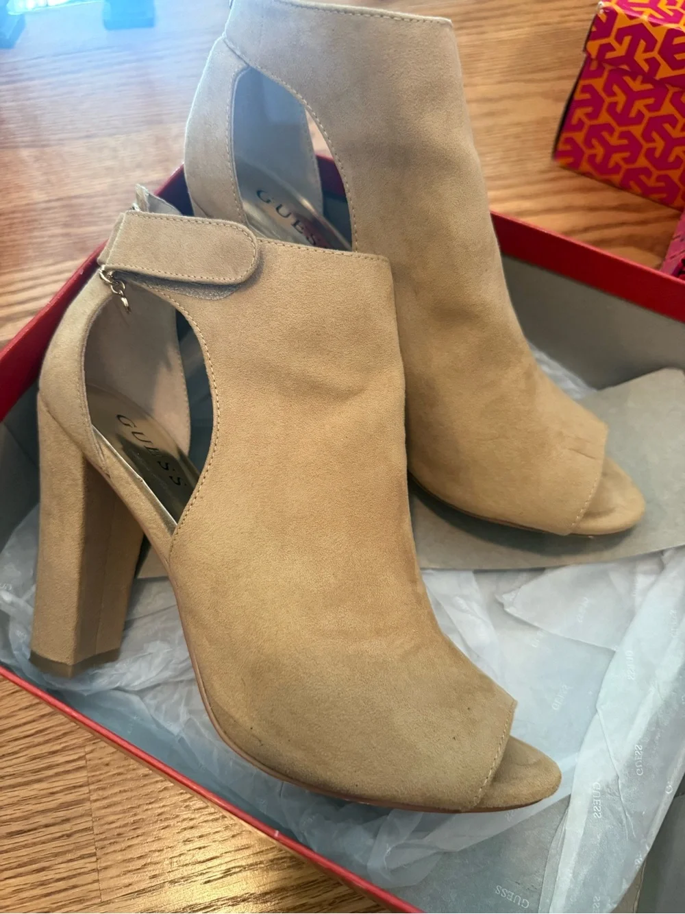 Guess Tan Suede Peep-Toe Block Heel Booties